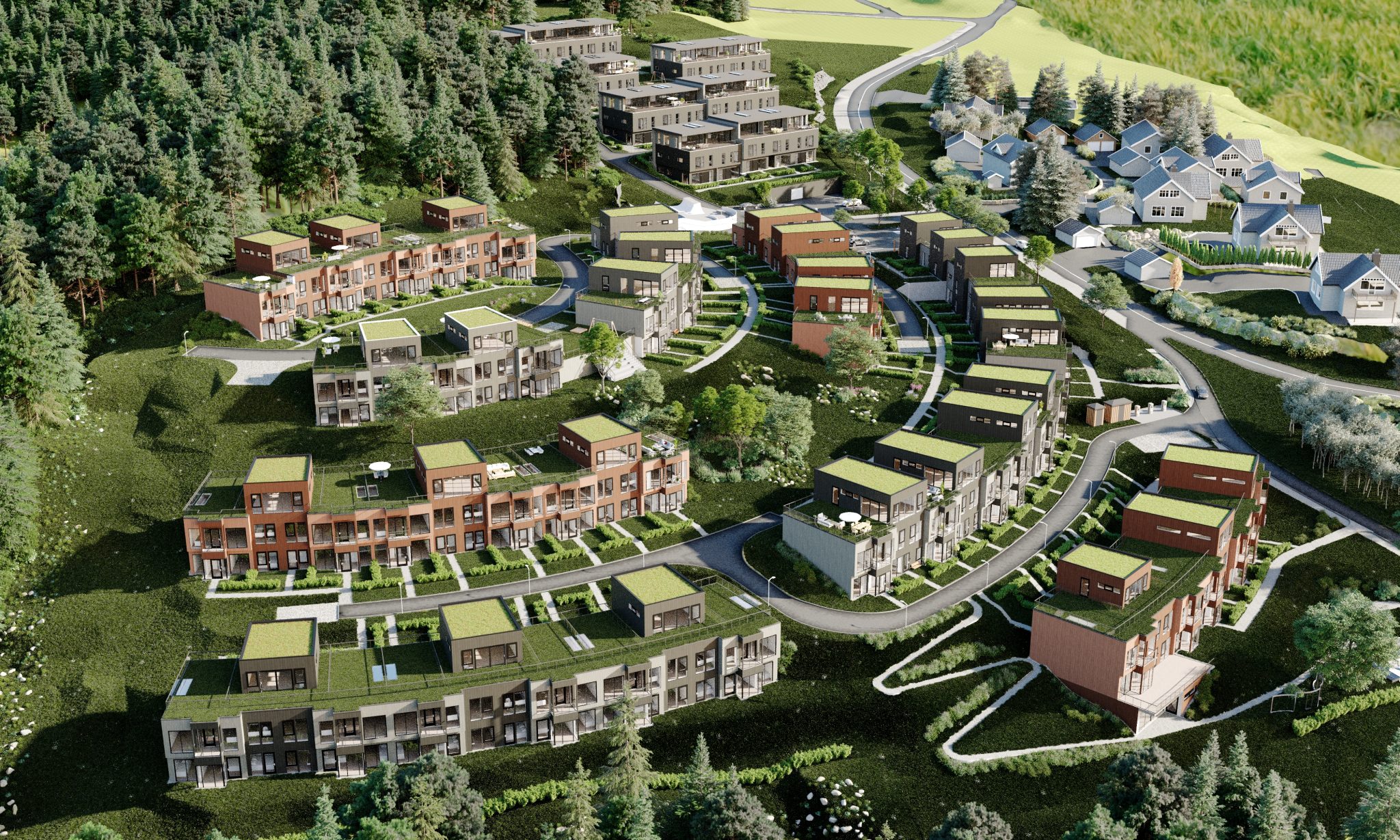 Fugleperspektiv av et boligområde. Foto