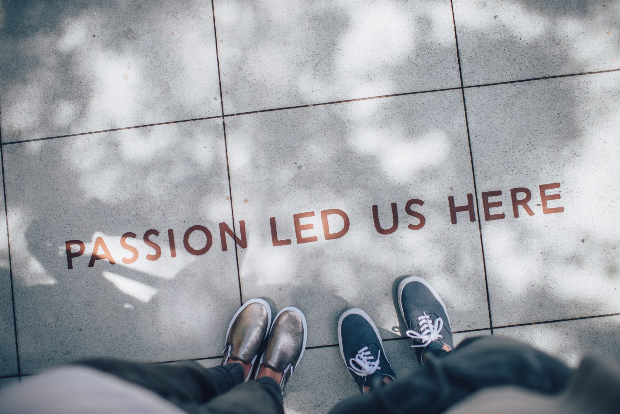 Teksten "Passion led us here" Står skrevet på bakken. Foto