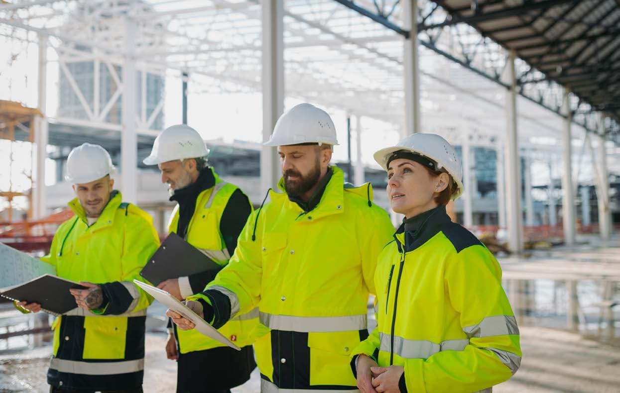 Byggeplass-team med hjelmer og synlig arbeidstøy går gjennom planer på en byggeplass. Foto
