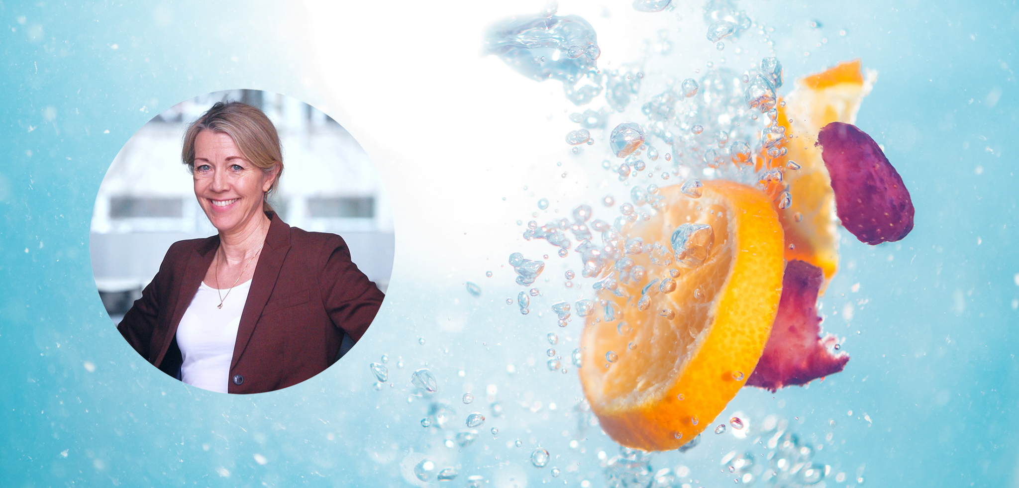 Appelsinskiver og kronblader som slippes i vann sammen med et profilbilde av Xledger ansatt Annika Samuelson Kjøle.