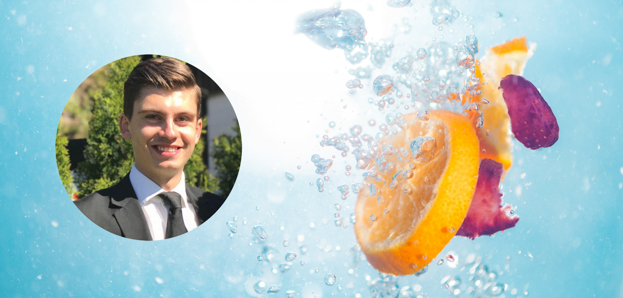 Appelsinskiver og kronblader som slippes i vann sammen med et profilbilde av Xledger ansatt Mathias Olsen.