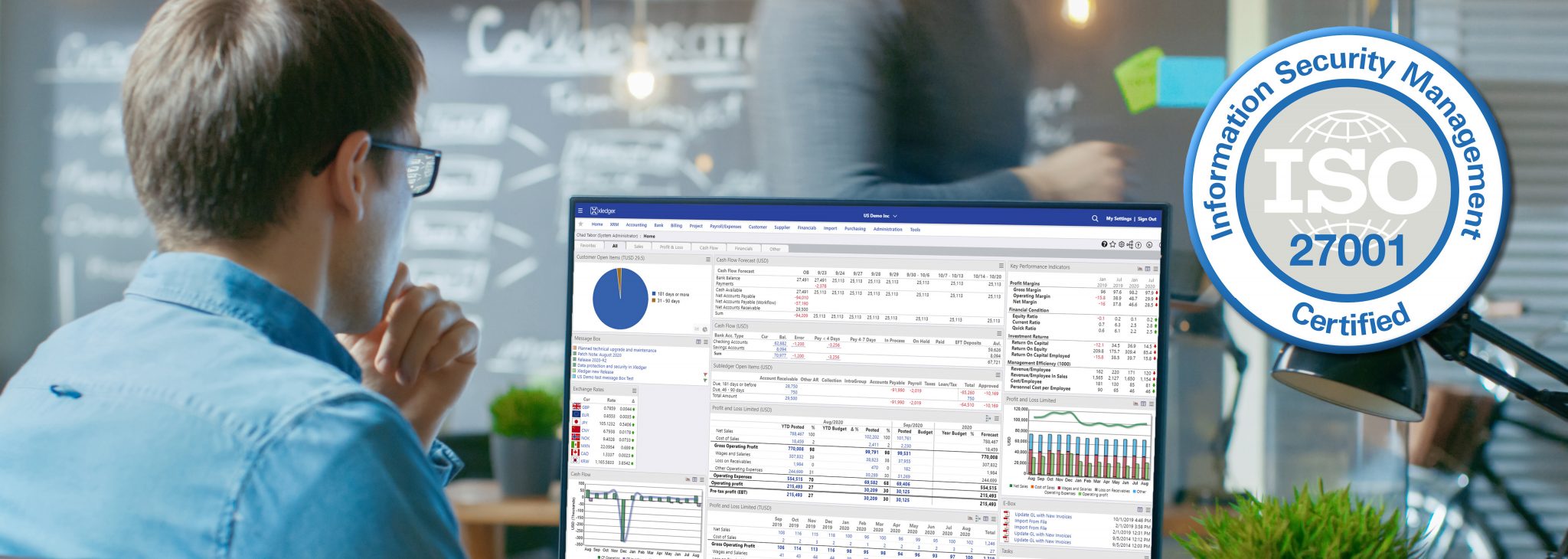 Accountant working on Xledger software with an imposed ISO 27001 certified banner
