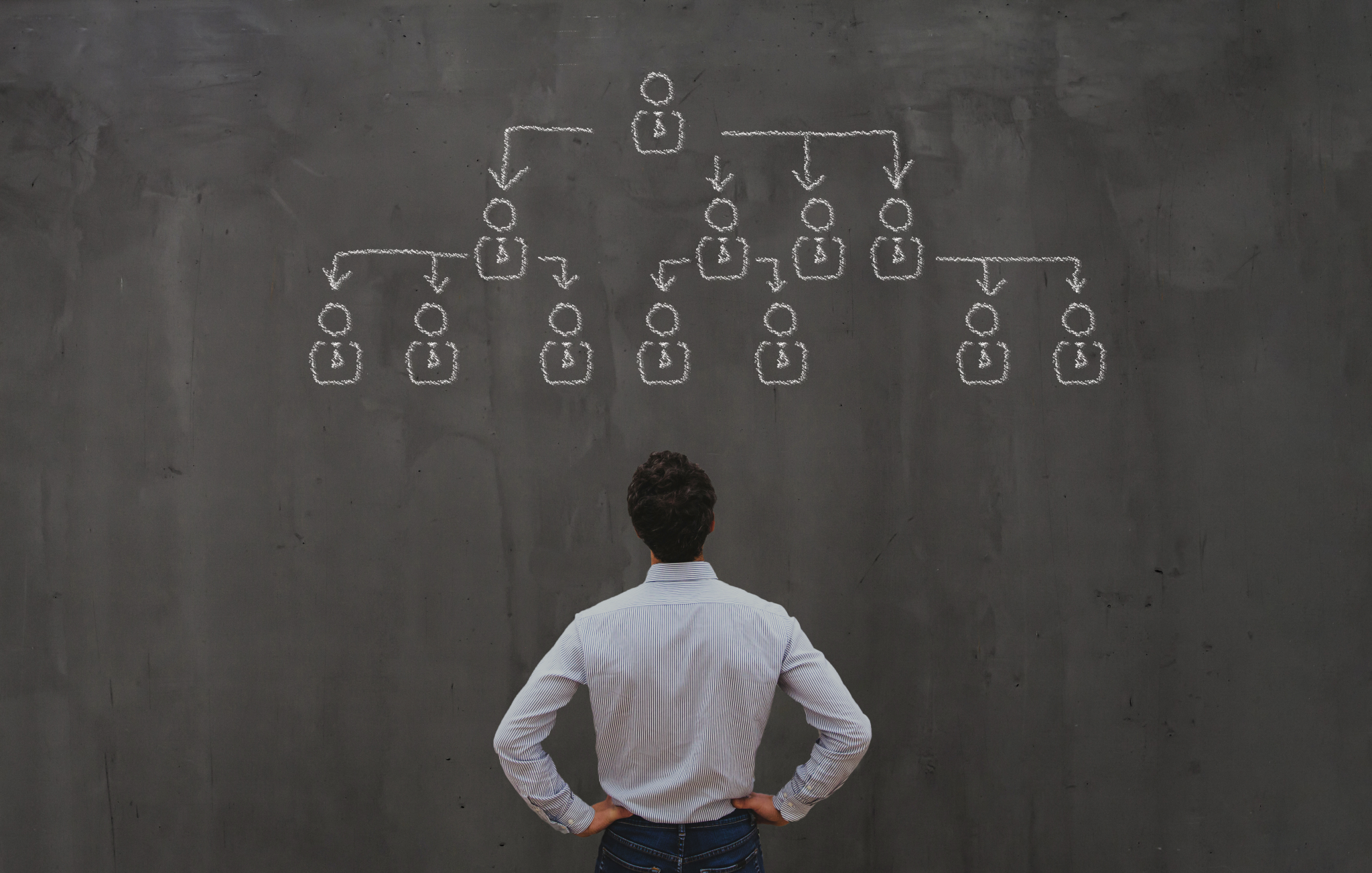 Male finance professional studying a picture of a multi-entity structure