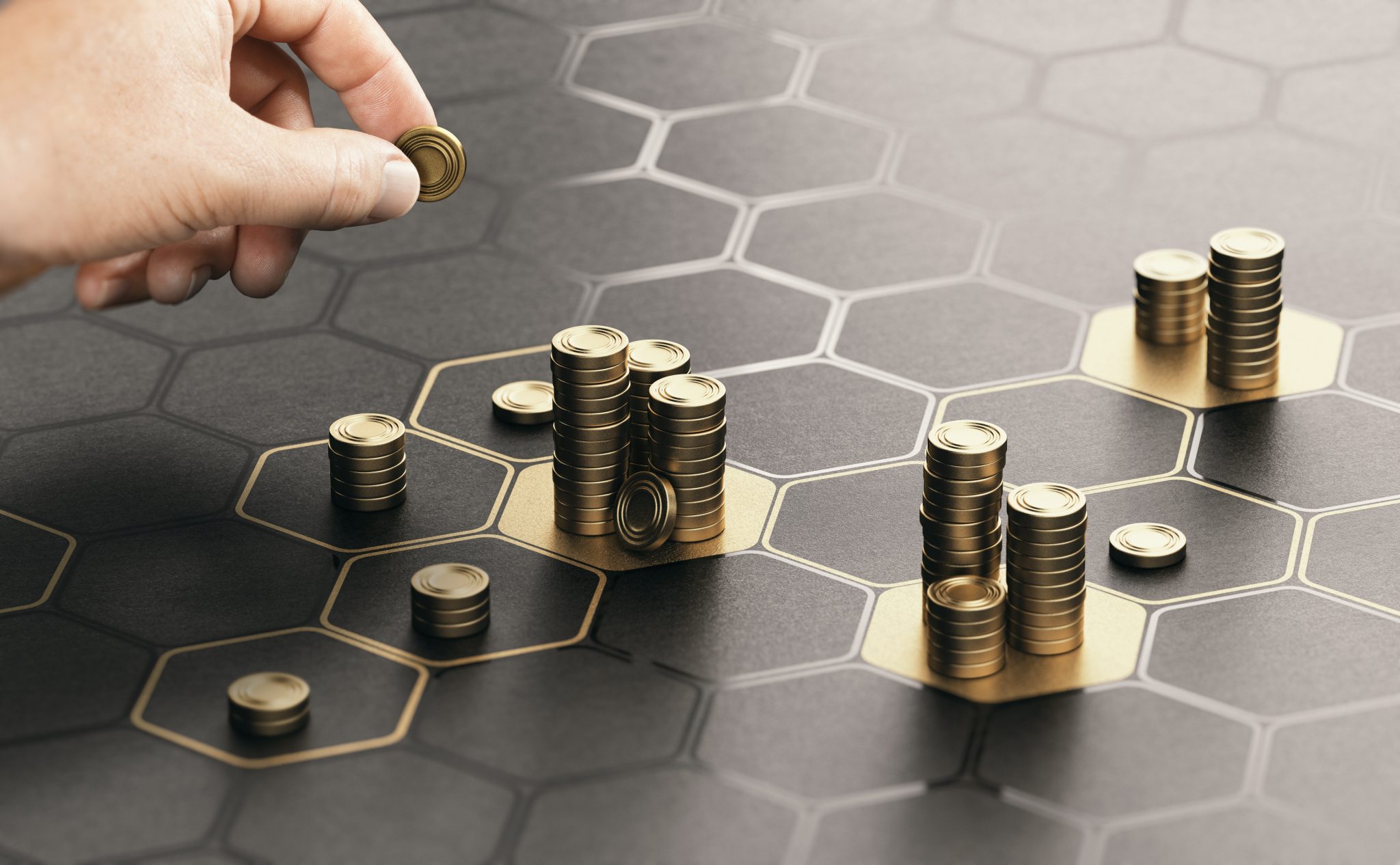 Stacked coins on a hexagonal table