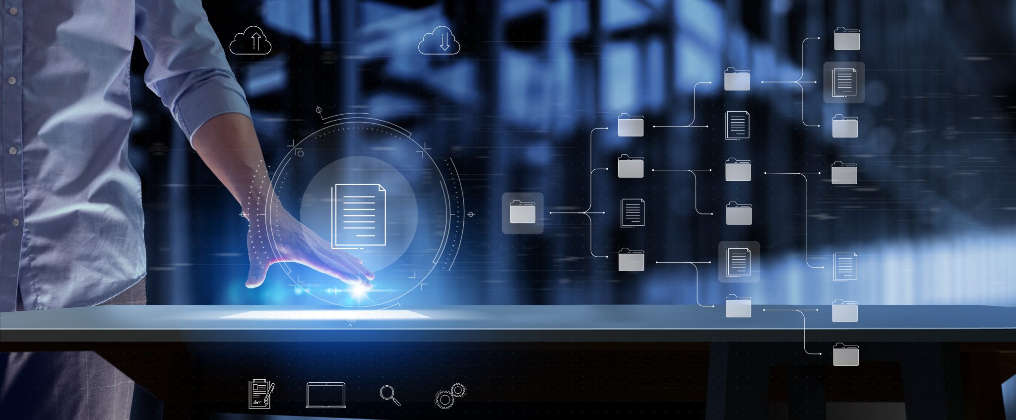 Document Management System or DMS setup by IT consultant with modern computer, tech on a blue background with a hand showing