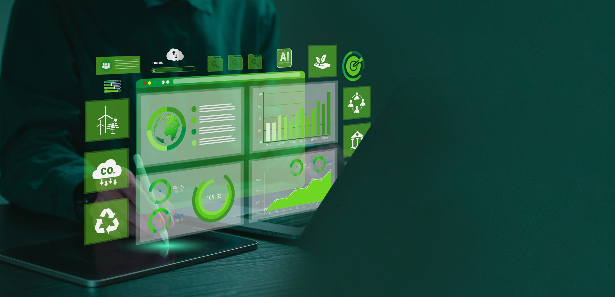 A green graphic of accounting software that shows ESG data.