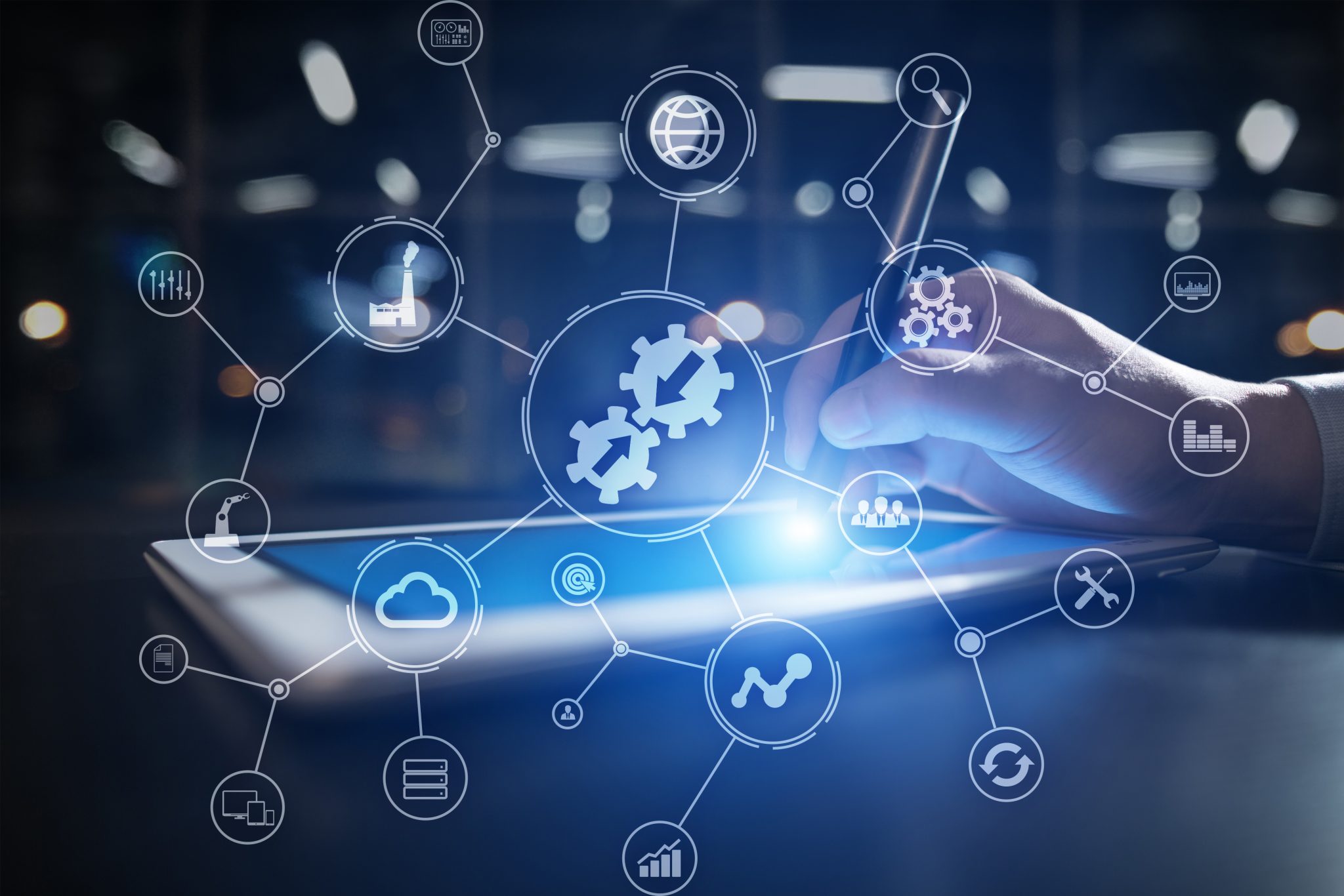 Tech graphic with cogs, links, internet, and cloud symbols on a black background with a blue glow