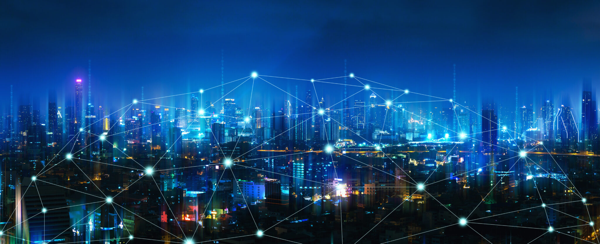 Wireless network and Connection technology concept with Bangkok city background at night in Thailand, panorama view