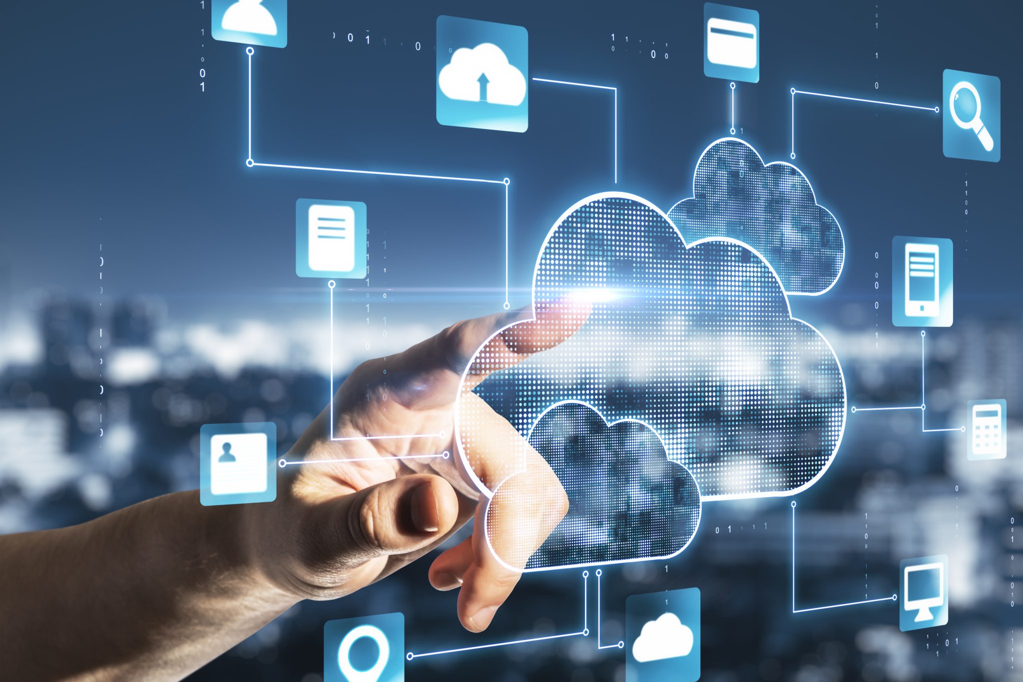 Tech graphic of a hand pointing at the cloud