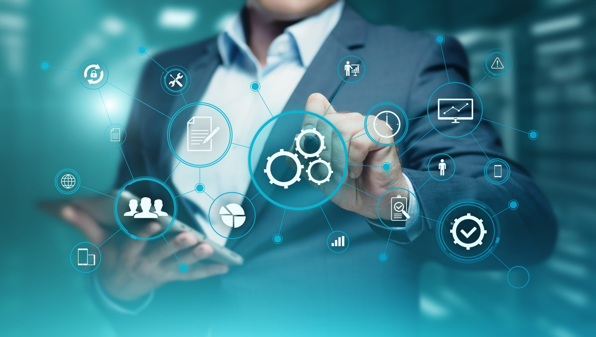 Finance software graphic with IT consultant on a blue background with a hand showing