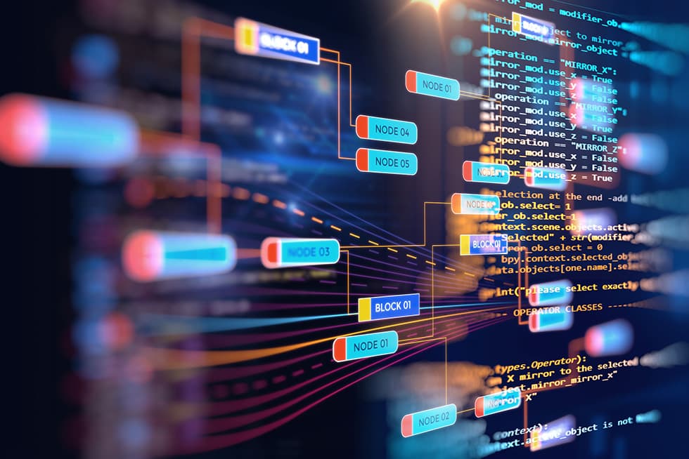 A digital visualization of computer code with interconnected nodes and labeled blocks, illustrating data flow and system architecture on a dark background.