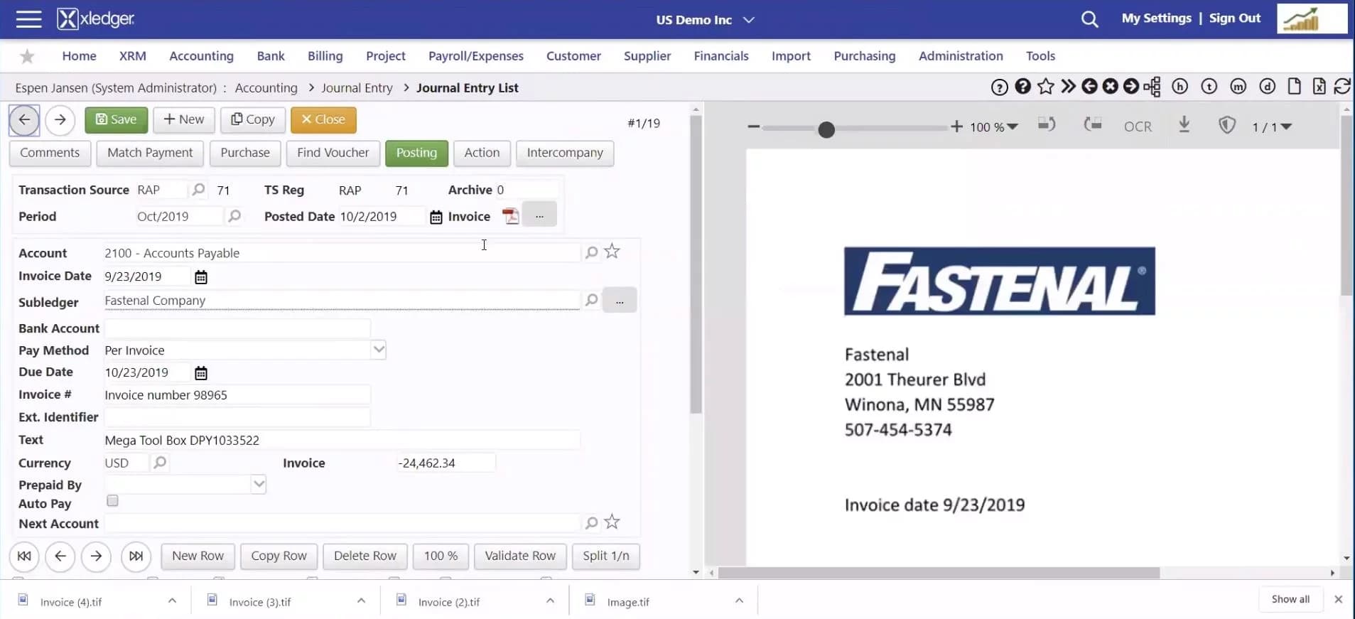 A screenshot of the Xledger accounting interface showing a journal entry form on the left and a scanned supplier invoice preview on the right, with navigation and menu options visible at the top.