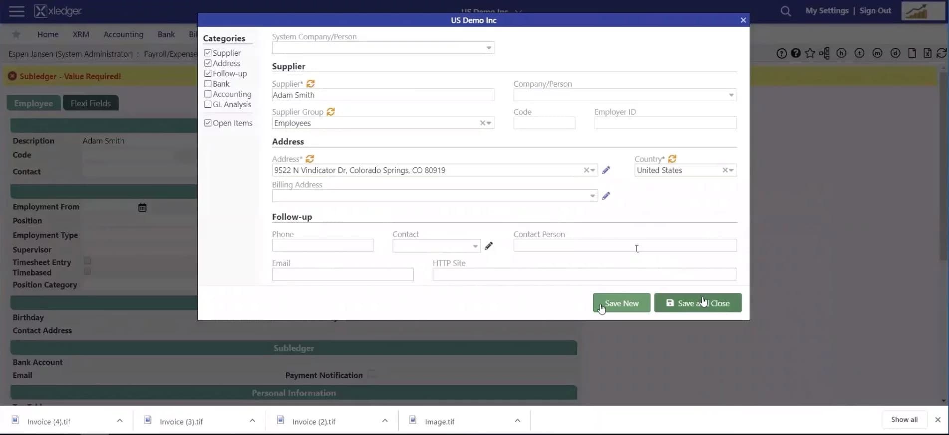 A screenshot of the Xledger interface displaying a supplier information form, with fields for company details, address, contact information, and categories, along with “Save” options at the bottom.