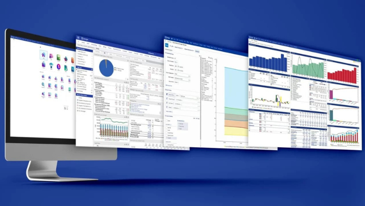 Computer monitor displaying multiple Xledger ERP dashboards and analytics screens with charts, graphs, and financial data on a blue background.