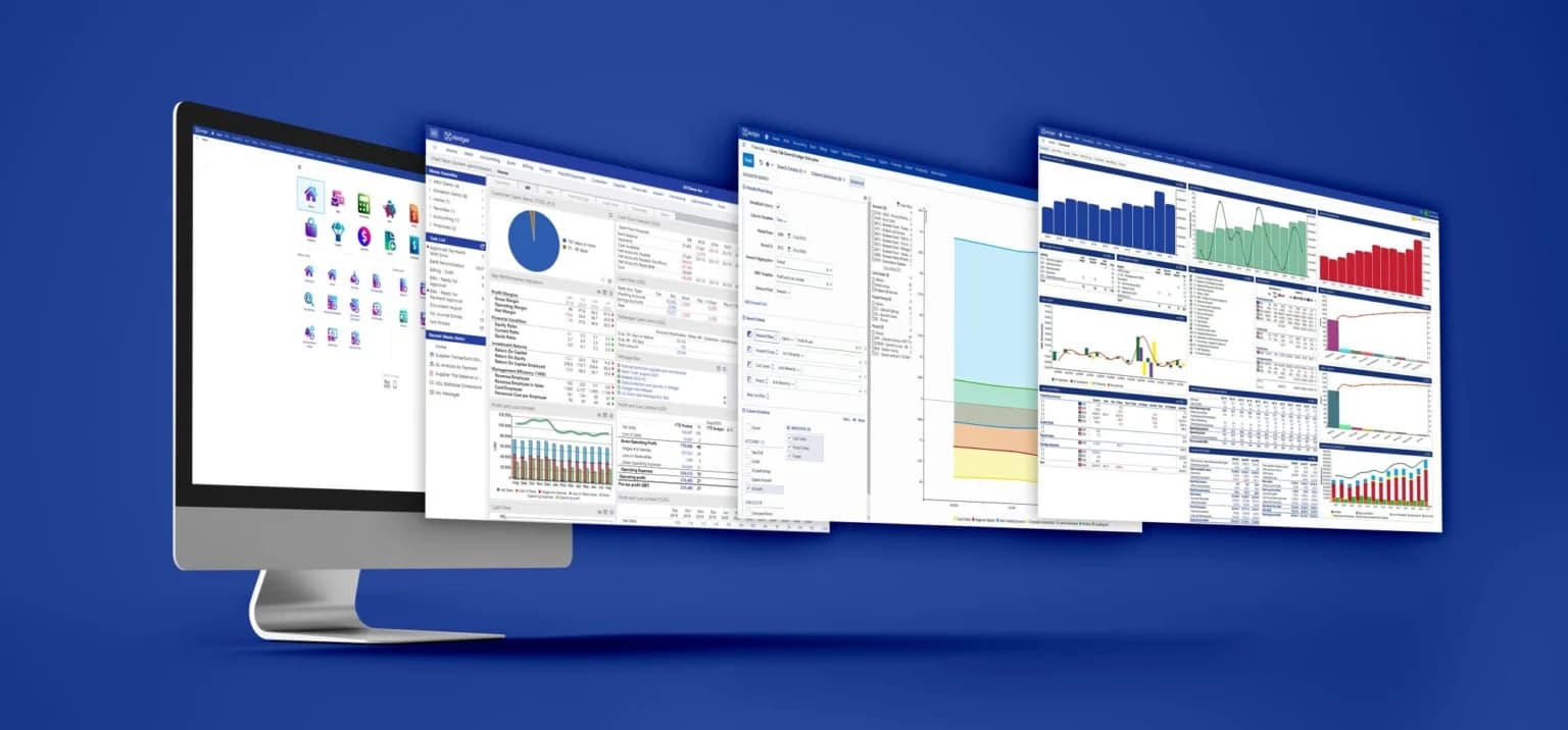 A desktop monitor displaying multiple Xledger application screens, including dashboards, financial reports, charts, and analytics panels arranged side by side against a blue background.