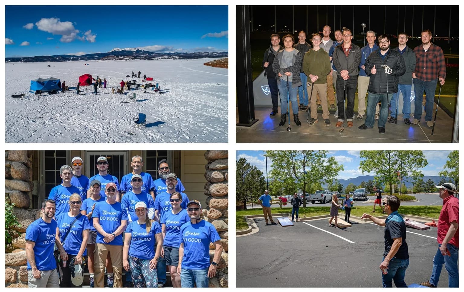 Collage of groups of people participating in outdoor activities, team events, and gatherings.