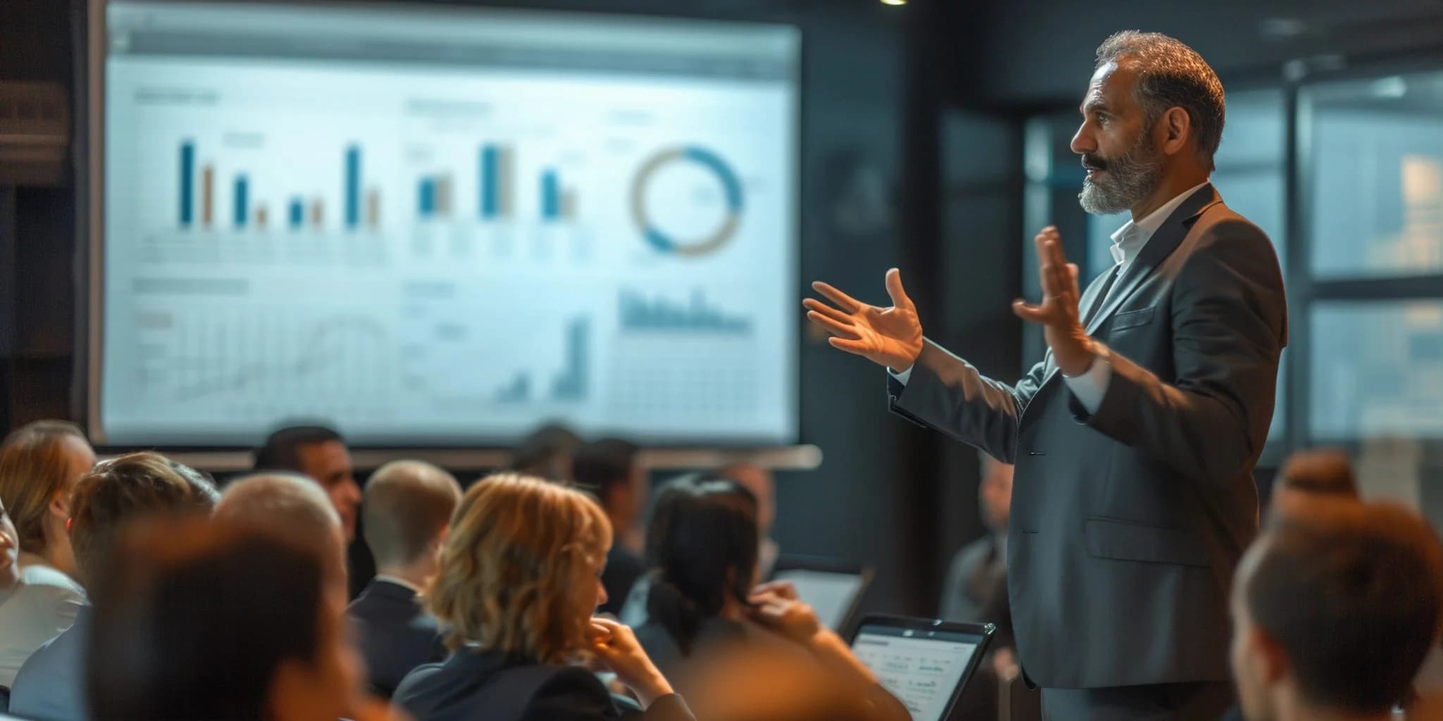 A man in a suit presents to an audience, gesturing with his hands while charts and graphs are displayed on a large screen behind him.