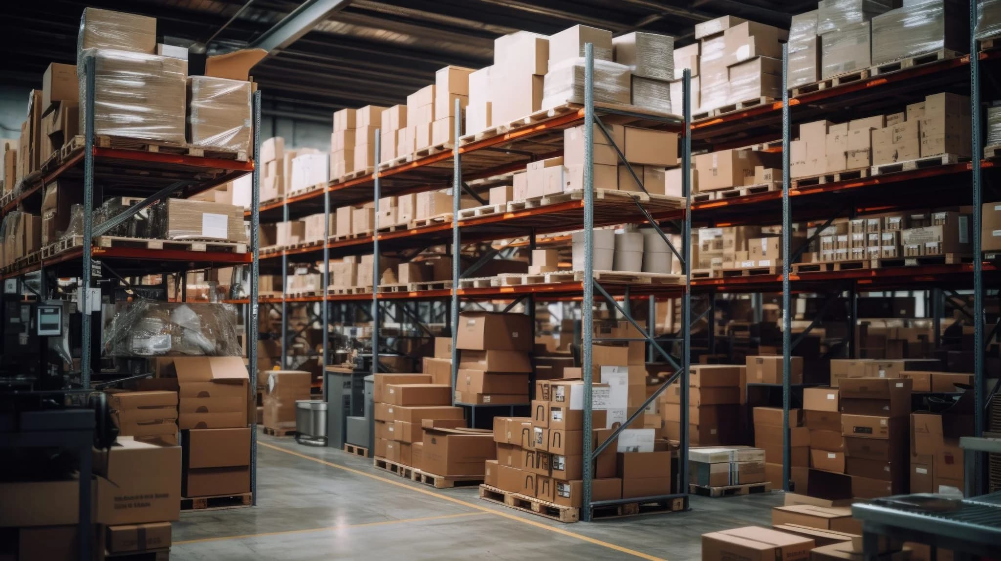 Warehouse interior with shelves stacked with cardboard boxes on pallets.