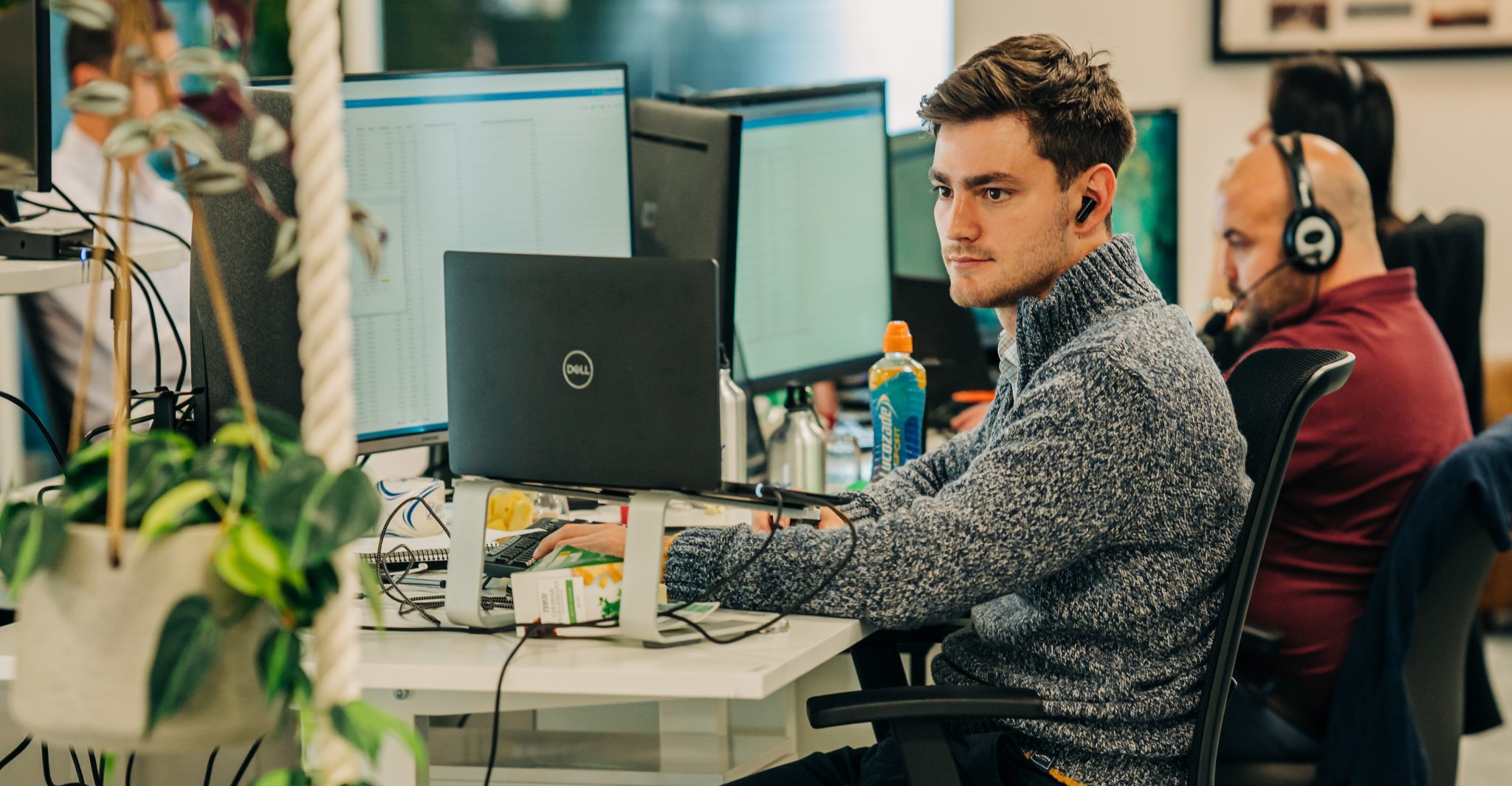 Office setting, staff working at a brightly lit desk surrounded by plants