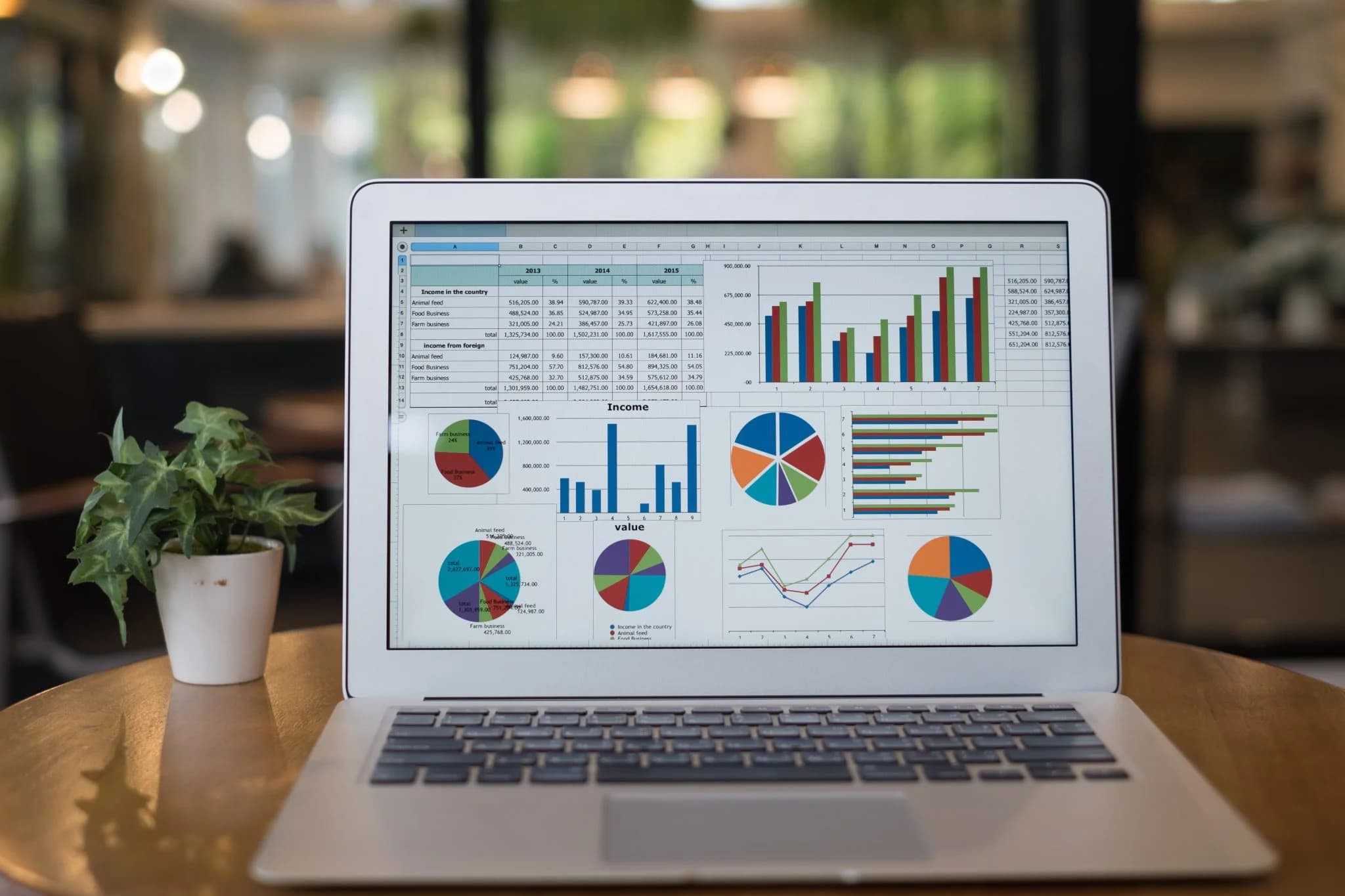 A laptop on a table displays a spreadsheet with multiple charts and graphs, including bar charts and pie charts, with a small potted plant beside it.