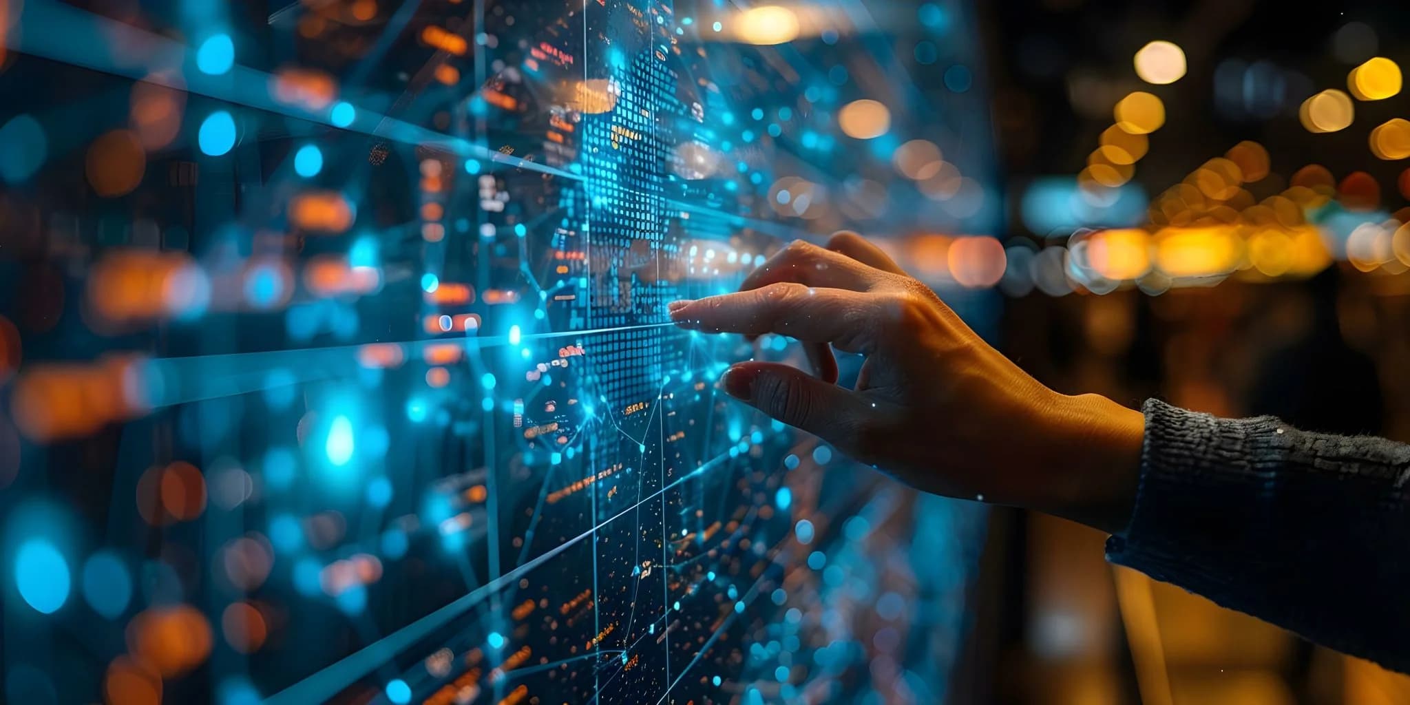 A close-up of a hand interacting with a large digital interface displaying glowing data points, network connections, and analytics visuals against a blurred city-light background.