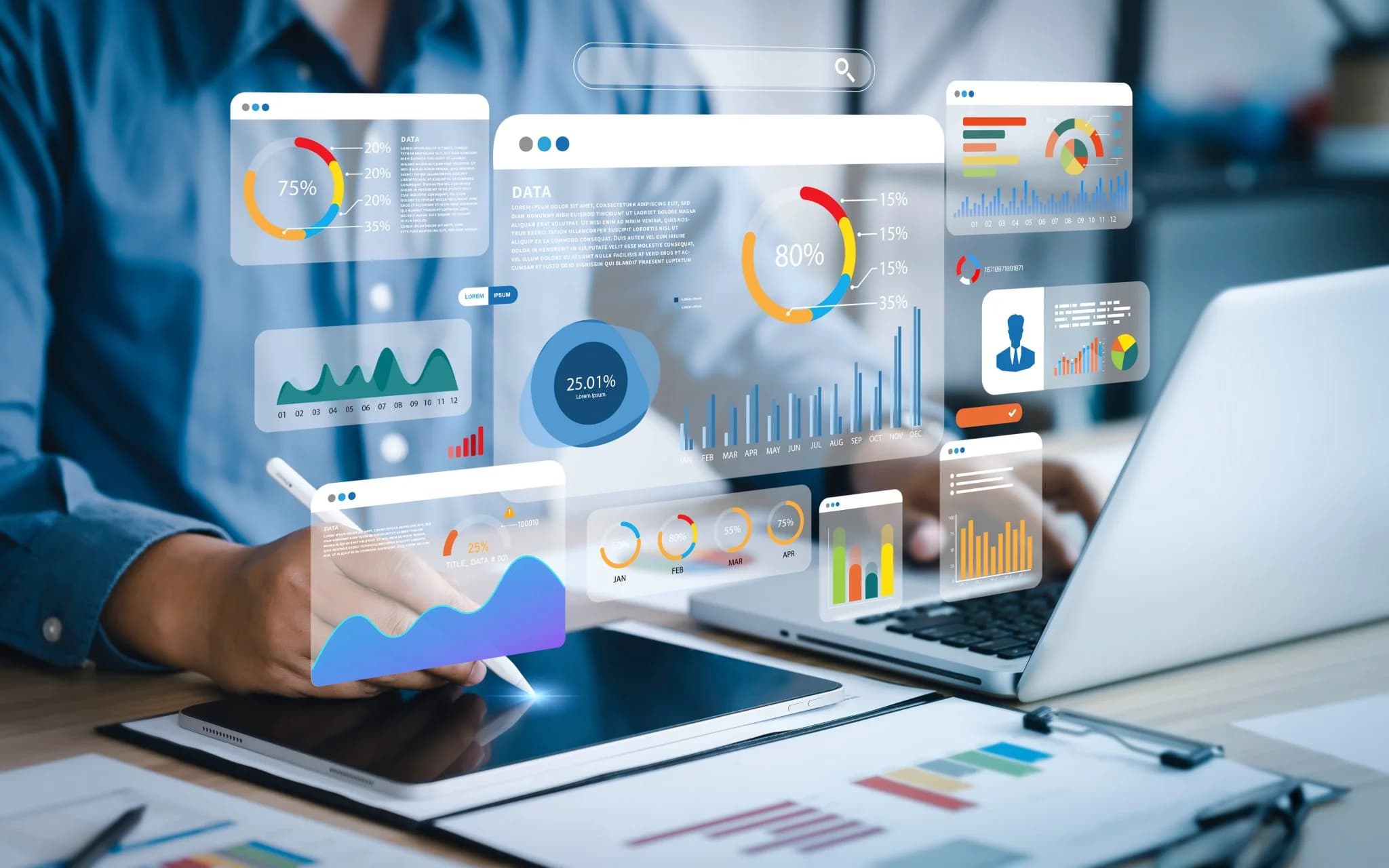 A person using a tablet and laptop with a transparent digital dashboard overlay displaying charts, graphs, percentages, and data analytics visualizations.