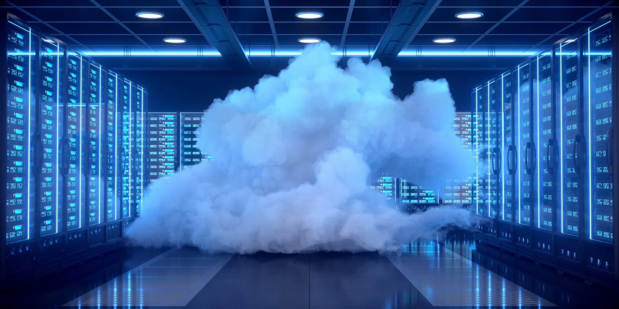 A large cloud formation inside a modern data center, surrounded by rows of illuminated server racks with blue lighting, symbolizing cloud computing infrastructure.