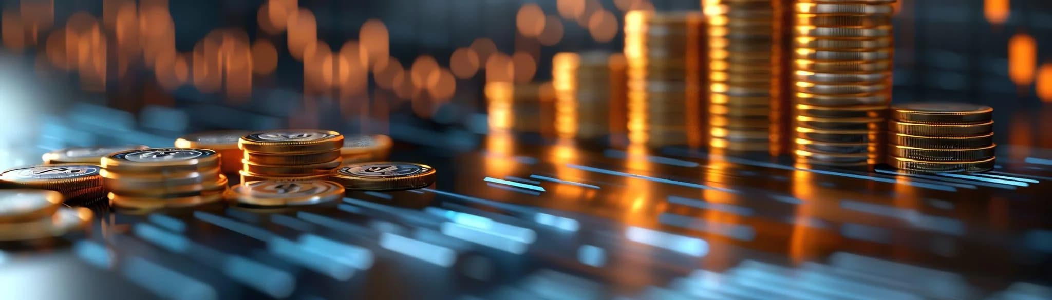 Stacks of gold coins on a digital financial data background.