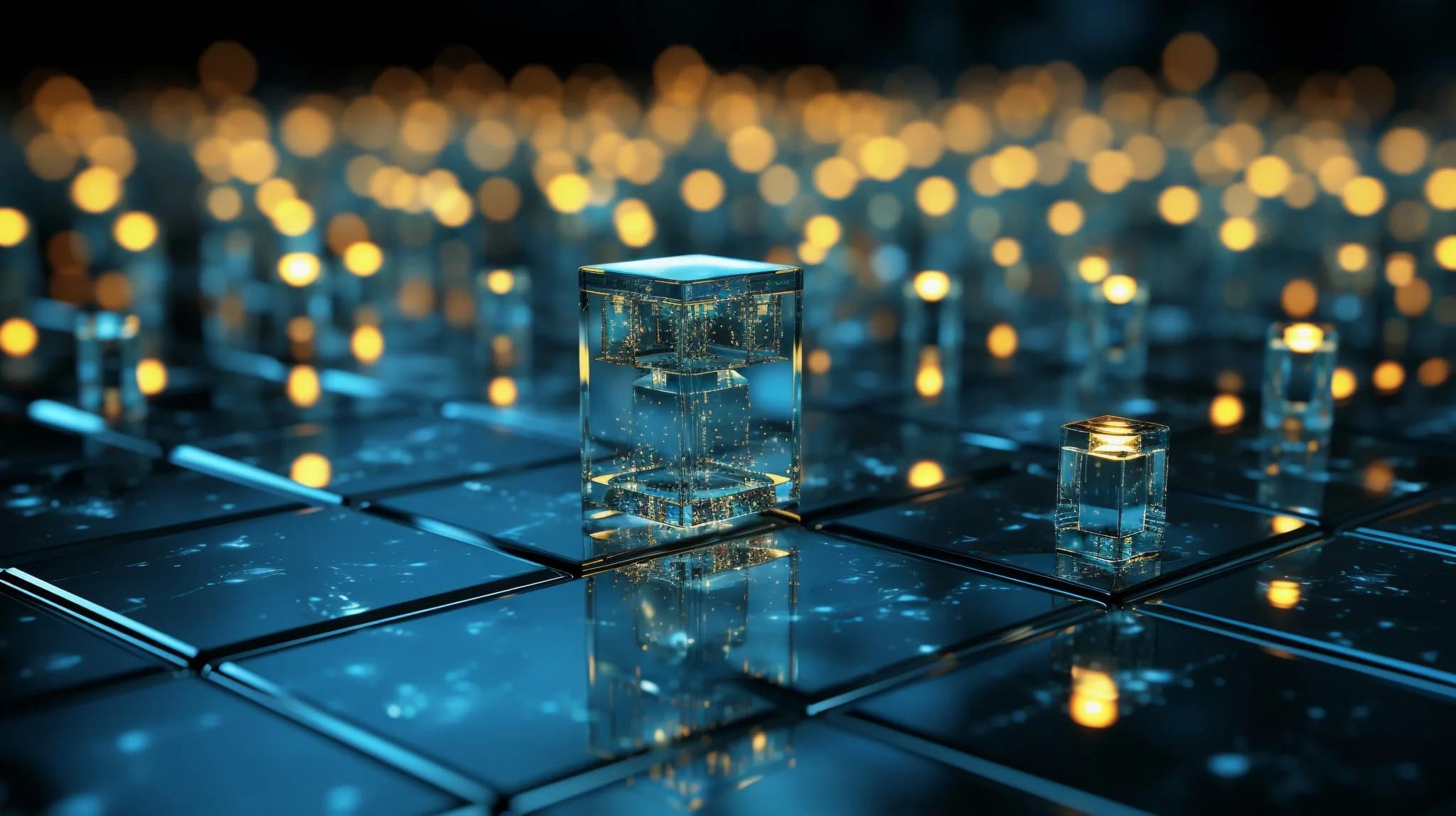 Transparent glass cubes on a reflective surface with glowing lights in the background, symbolizing data or digital technology.