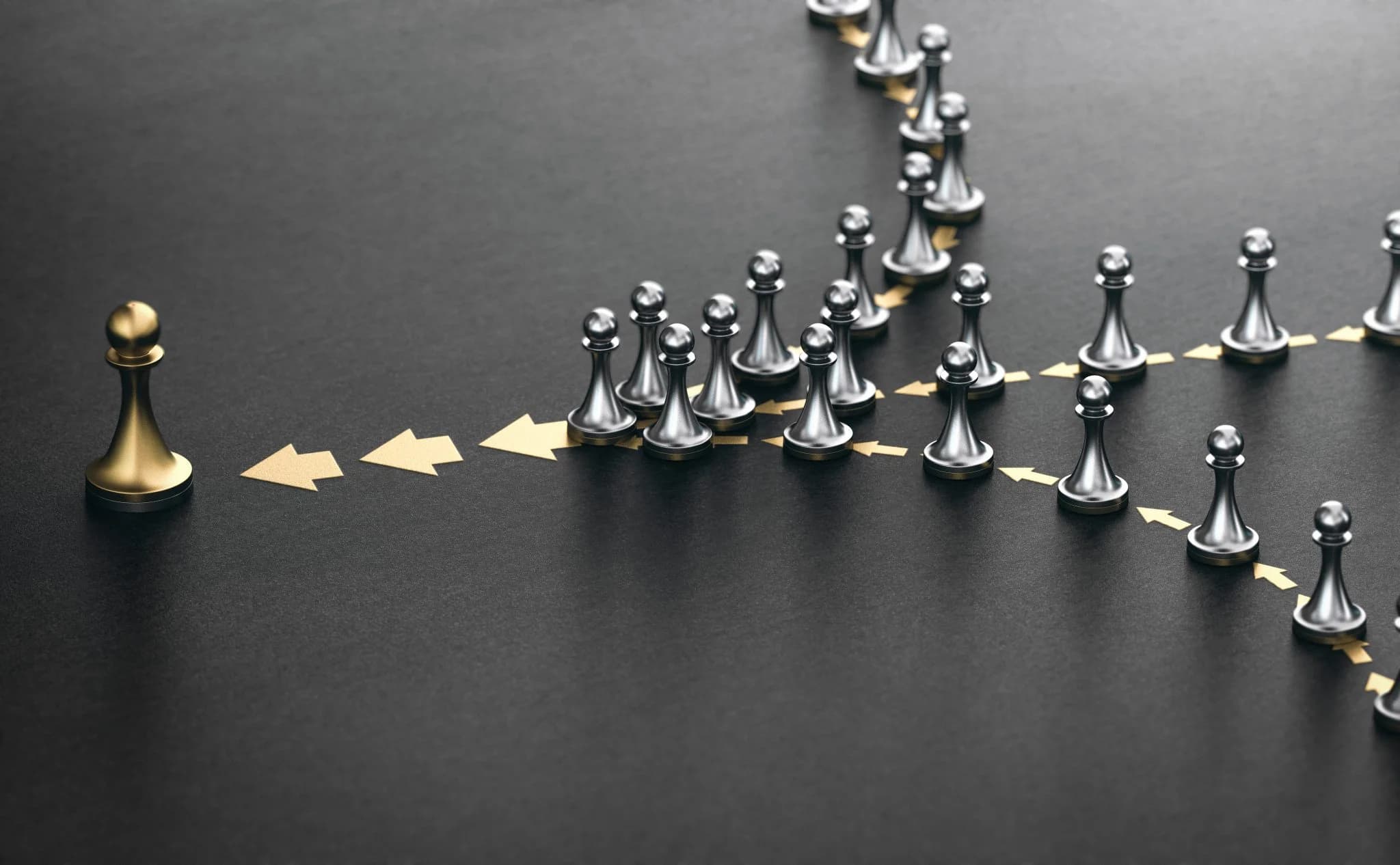 Gold chess pawn leading a group of silver pawns along arrow paths, symbolizing leadership and strategy