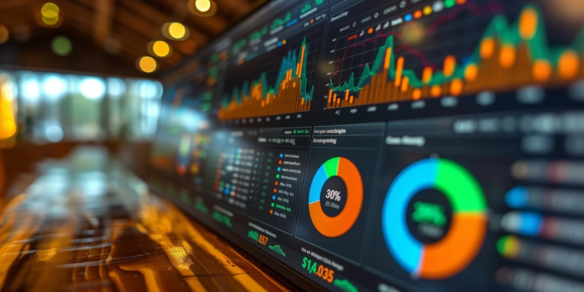 Dashboard with financial charts and data visualizations on a large screen