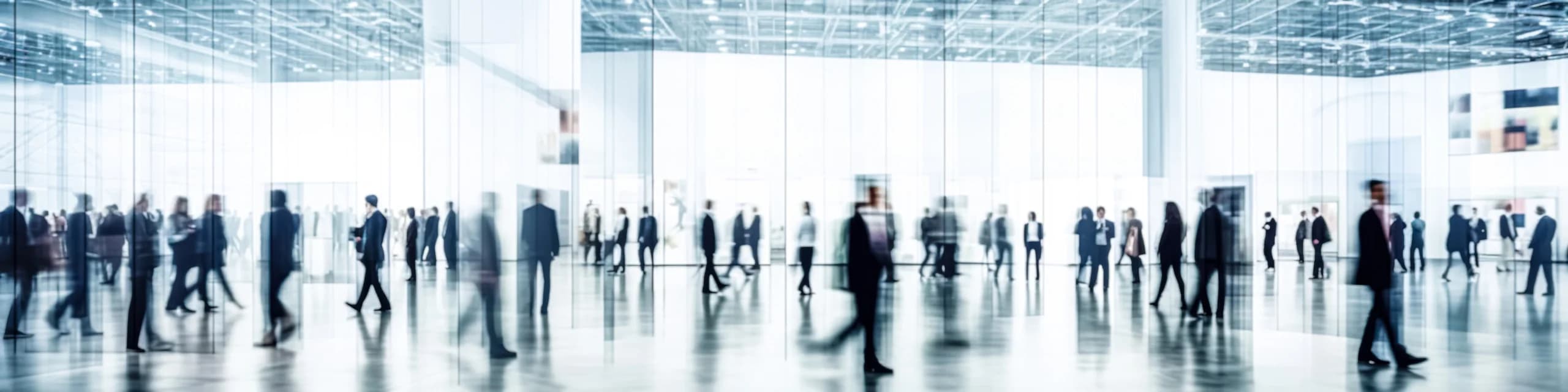 People walking through a large modern office building with glass walls.