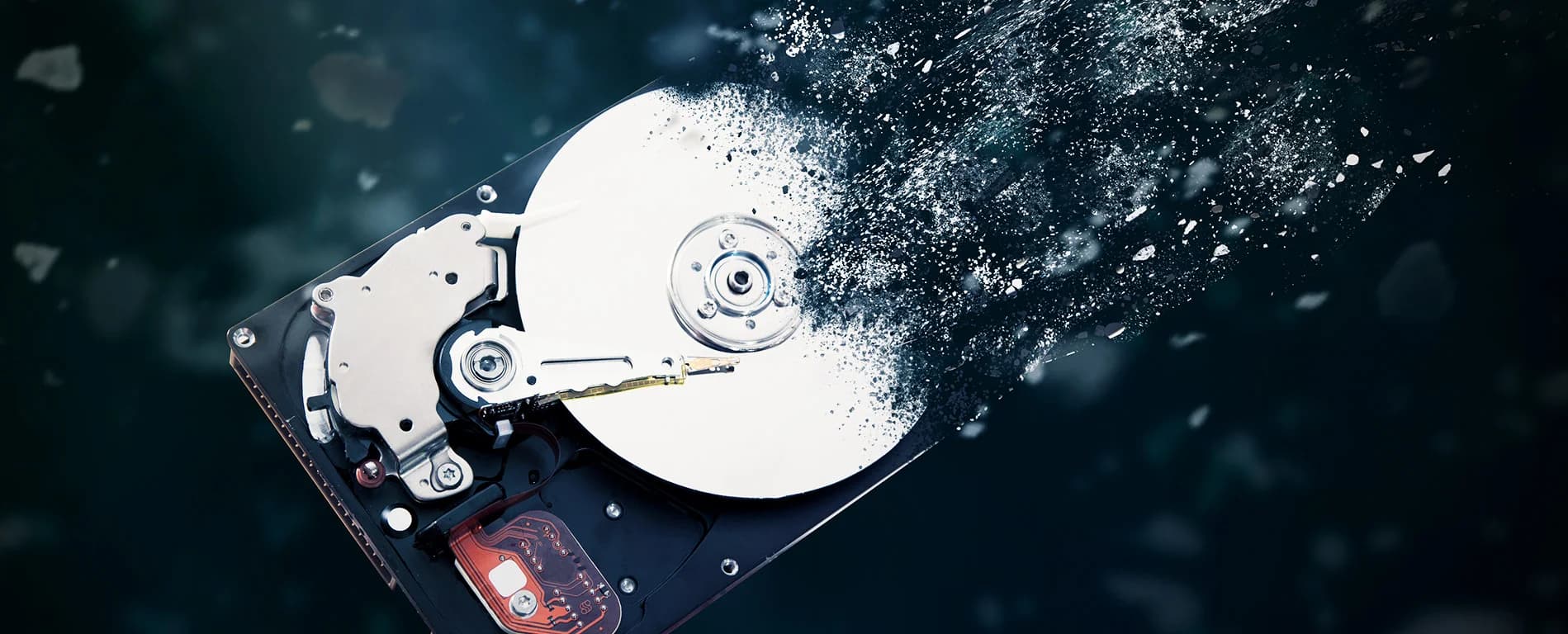 A close-up of an internal hard disk drive with the metal platter partially disintegrating into particles, creating a dramatic visual effect against a dark background.