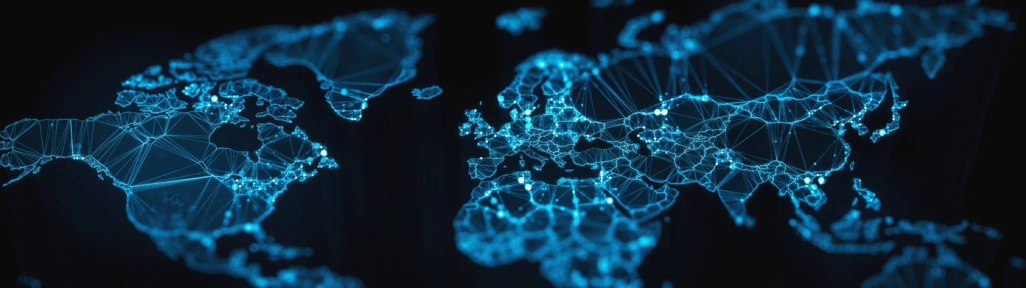 A digital world map displayed in glowing blue lines and connected nodes, illustrating a global network on a dark background.