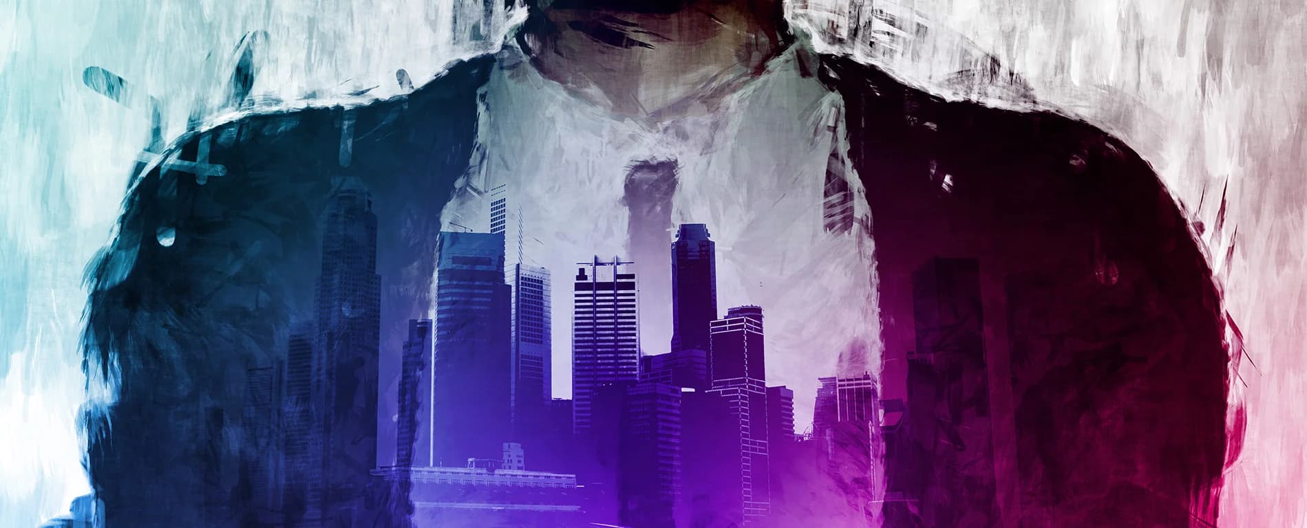 An artistic double-exposure image of a person in a suit blended with a city skyline, featuring skyscrapers layered within the silhouette against a textured, colorful background.