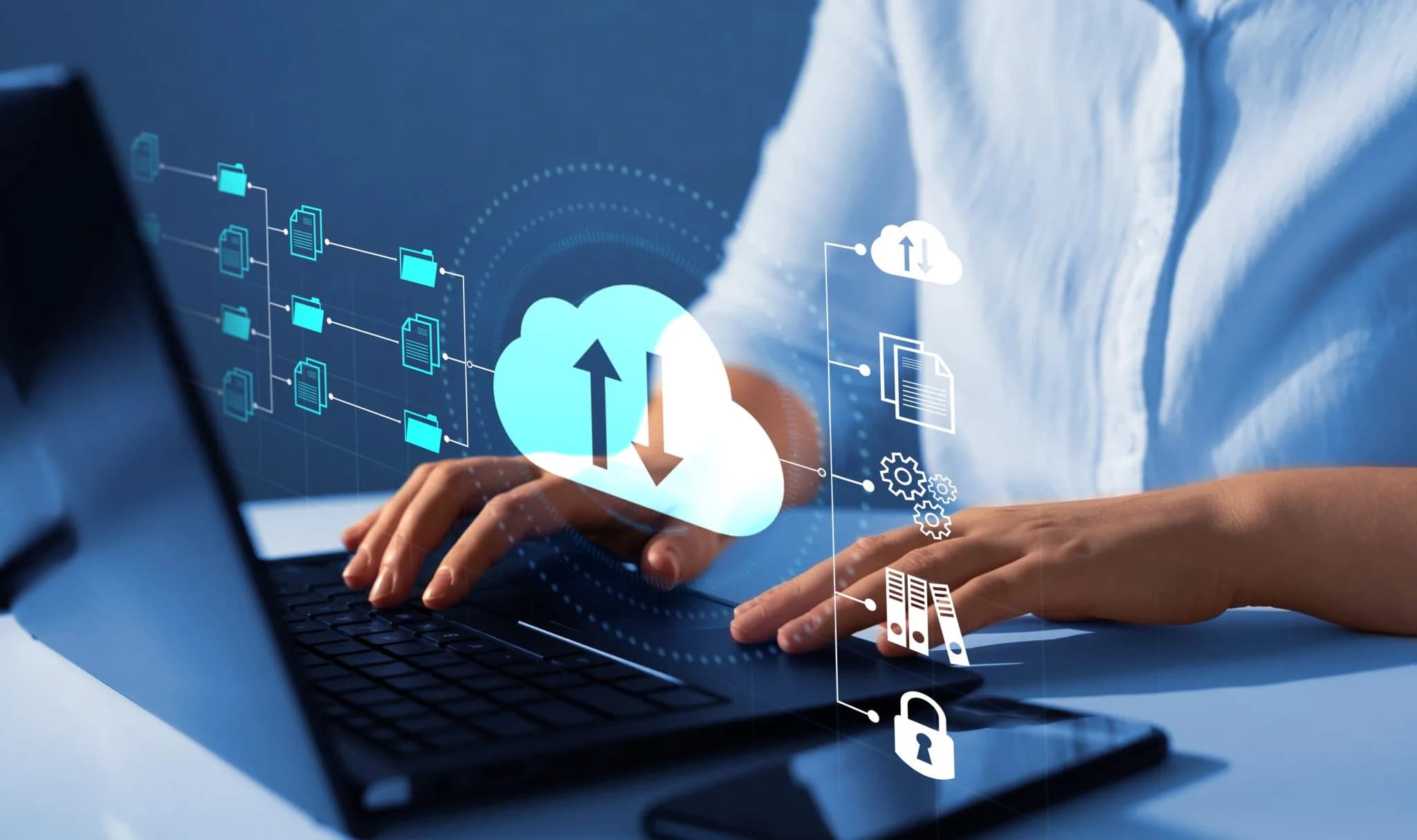A person typing on a laptop with a digital cloud storage interface overlay showing upload and download arrows, connected files, folders, security, and data management icons.