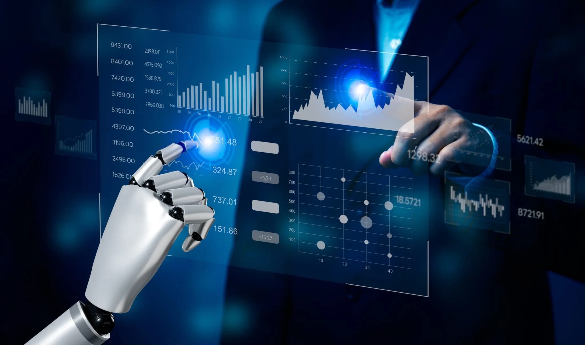 A robotic hand and a human hand interact with a transparent digital dashboard displaying financial charts, graphs, and data analytics on a blue background.