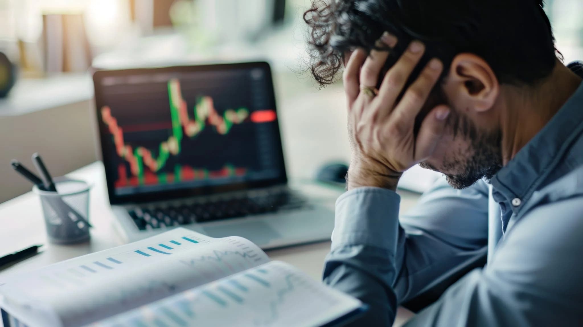 Man holding his head in stress while looking at a laptop displaying a volatile stock market chart, with financial documents on the desk.