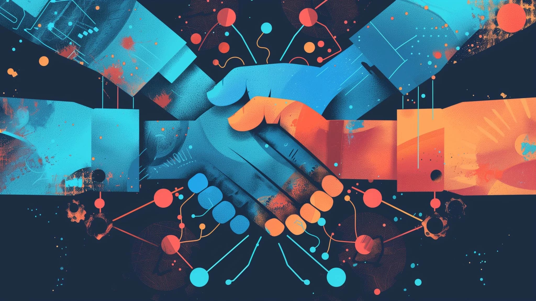 Abstract illustration of two hands shaking, symbolizing partnership or agreement, with colorful digital network elements and nodes surrounding them.