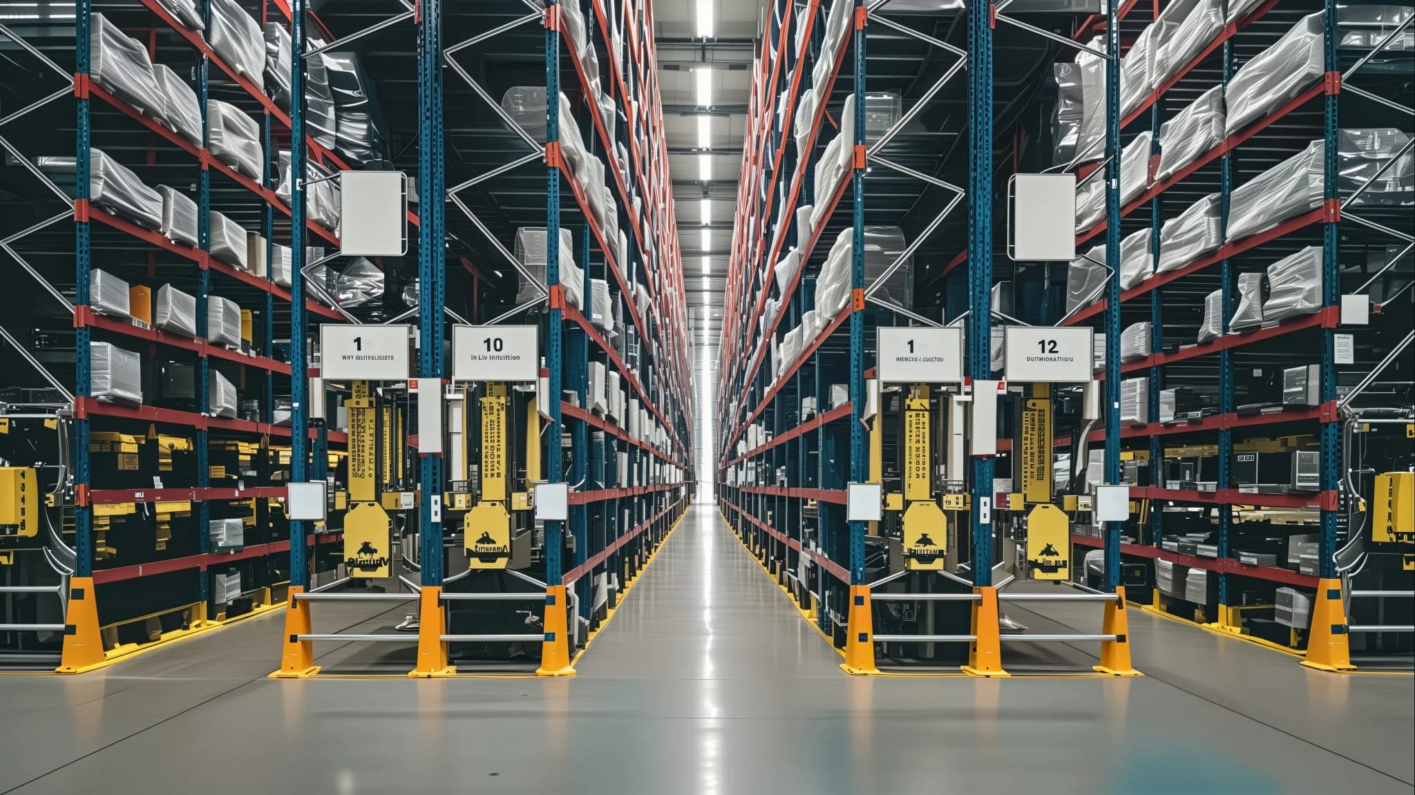Wide aisle inside a modern warehouse with tall storage racks, automated retrieval machines, and neatly organized inventory on shelves.