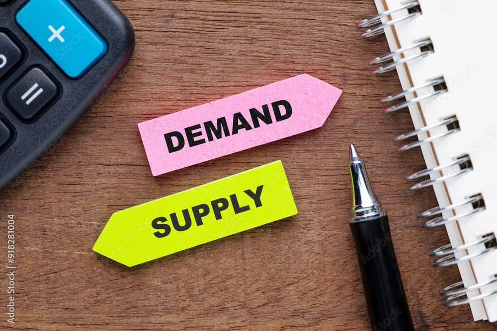 Sticky notes labeled “Demand” and “Supply” on a wooden desk next to a calculator, pen, and notebook.