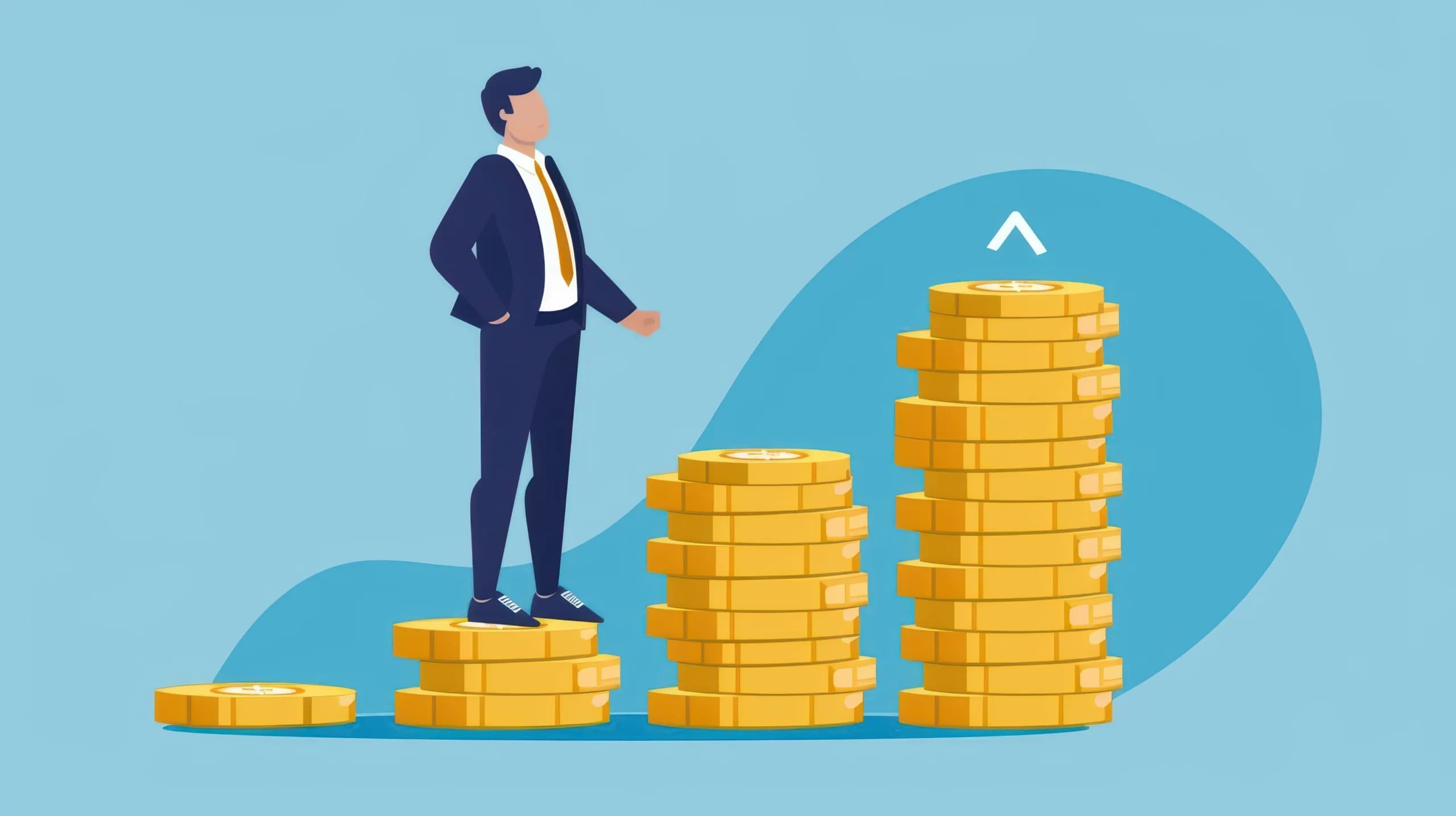 Illustration of a businessman standing on stacks of coins that increase in height, symbolizing financial growth and success.
