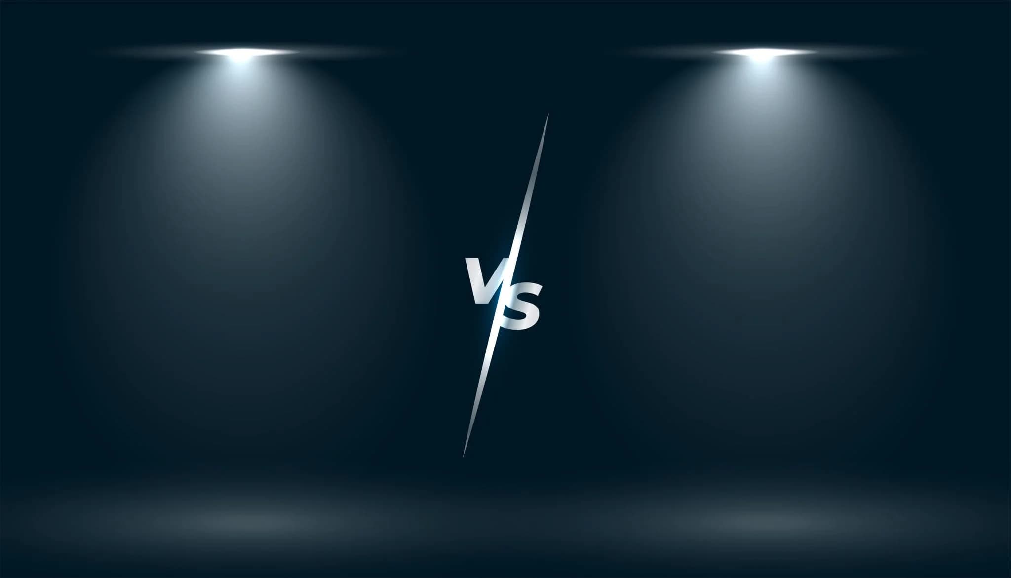 Minimalist “vs” symbol under spotlight lighting on a dark background, representing comparison or competition.