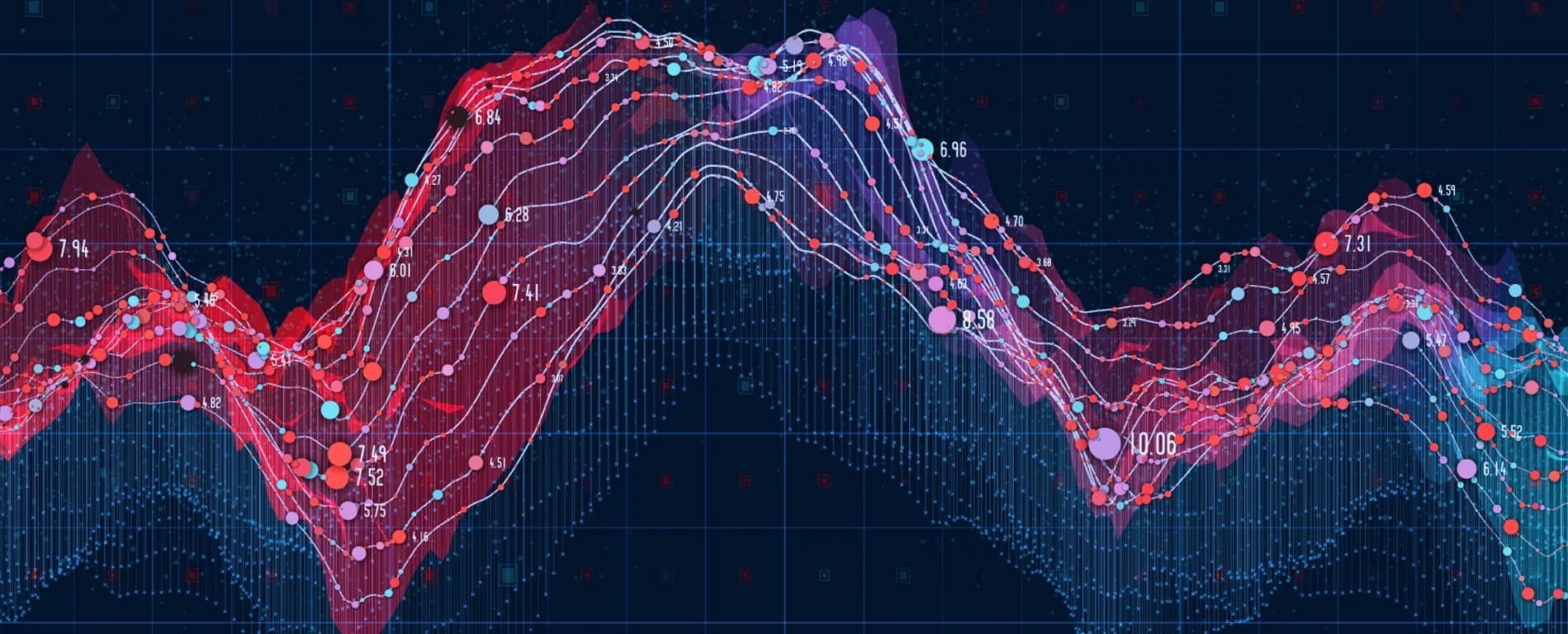 Abstract data visualization with multicolored line graphs, data points, and numerical values on a grid, representing analytics or financial trends.