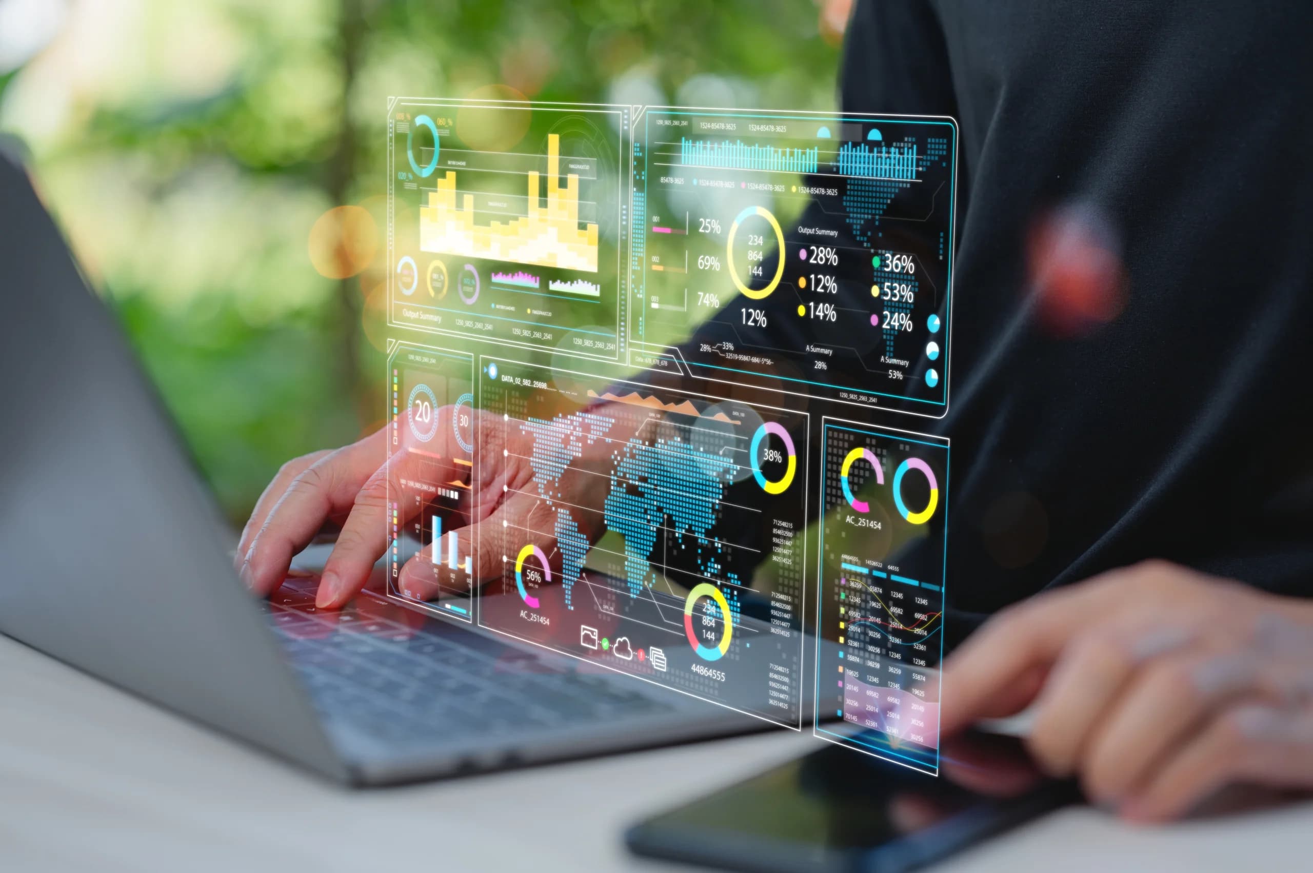 Person using a laptop with interactive digital dashboards and analytics visualizations overlayed on the screen, showing charts, graphs, and global data insights.