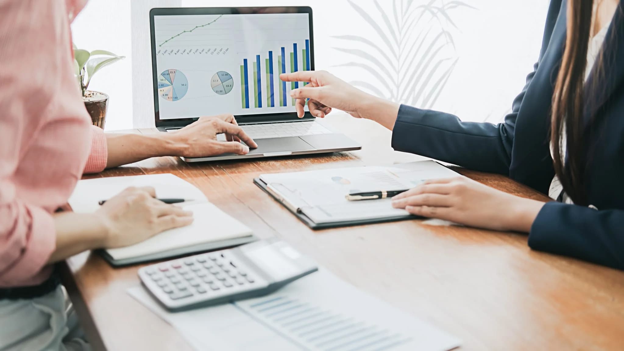 Two professionals reviewing financial data on a laptop, with one pointing at charts and graphs during a meeting.