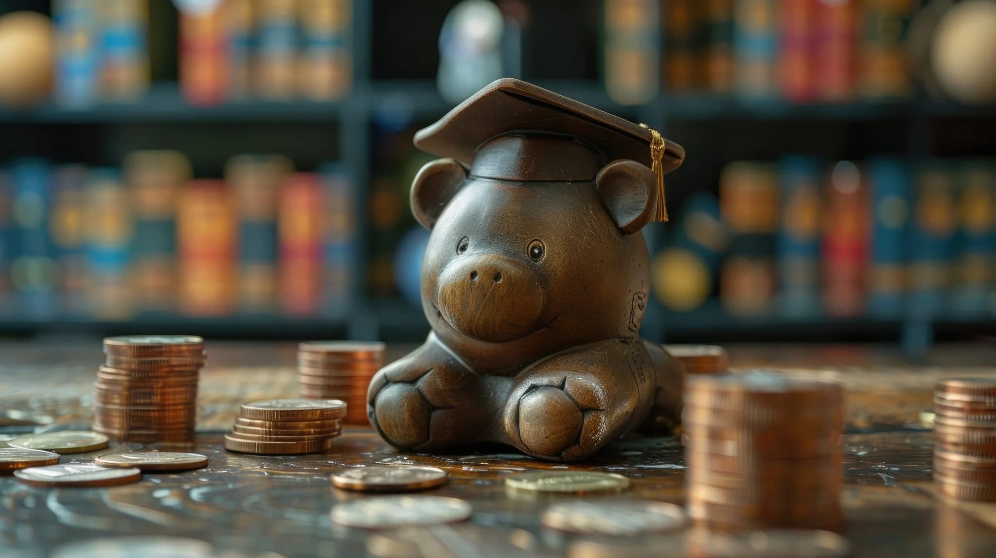 Piggy bank wearing a graduation cap surrounded by stacks of coins on a table, with blurred bookshelves in the background.