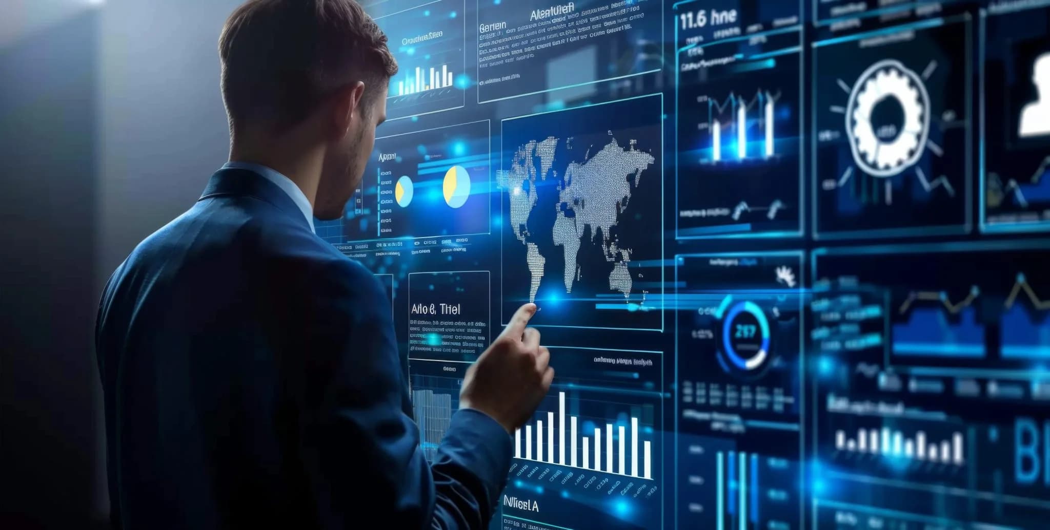 Business professional interacting with a digital dashboard displaying data visualizations, charts, and a world map on a large screen.