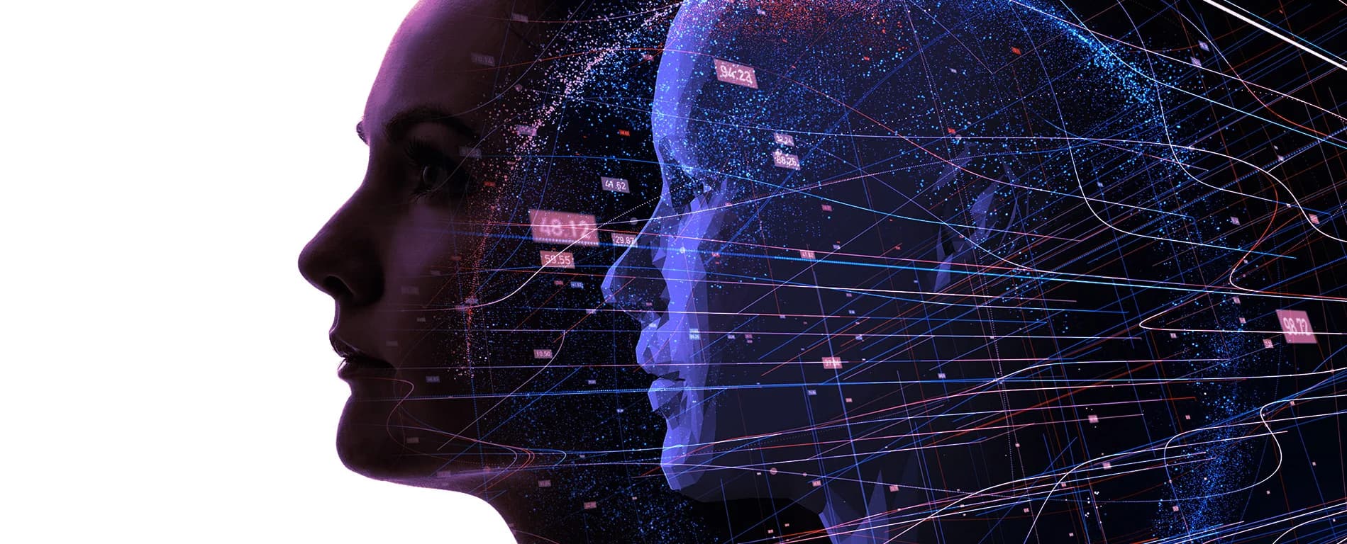 Profile of a woman’s face overlaid with a digital human head and network of data lines and nodes, representing artificial intelligence and data processing.