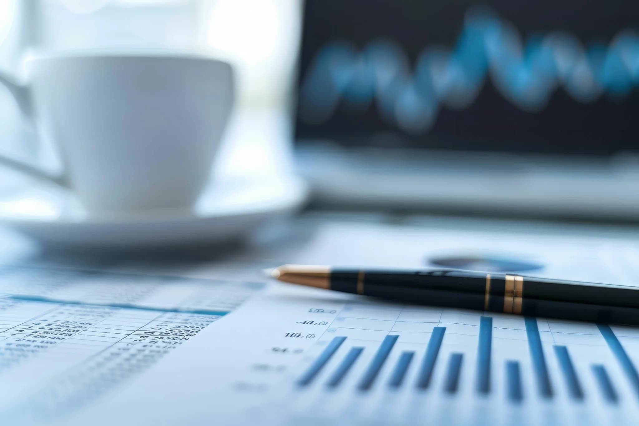 Close-up of a pen on financial documents with charts and graphs, with a blurred laptop screen displaying data and a coffee cup in the background.